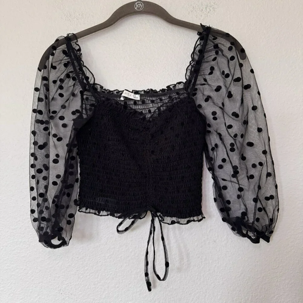Black Polka Dot Sheer Shoulder Ruffle Cropped Whimsy Goth Long Sleeve Blouse